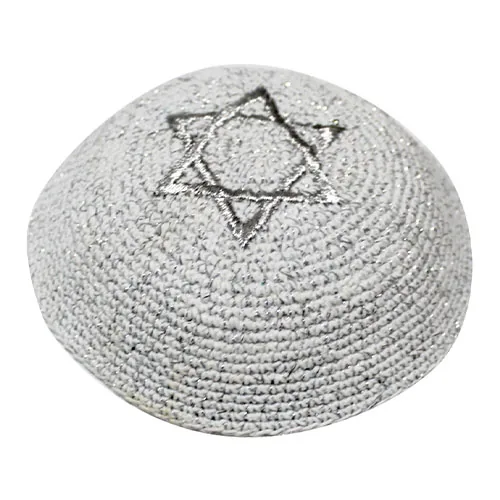 כיפה סרוגה 16 ס"מ נטזים כסף עם רקמה מגן דוד