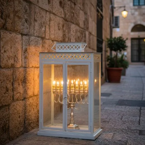 בית חנוכייה מהודר מאלומיניום וזכוכית גודל 60 - 60X30X55 ס"מ - גוון לבן — תמונה 2