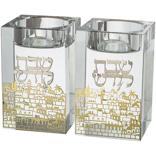 זוג פמוטי קריסטל עם פלקטה "נוף ירושלים" 8 ס"מ — תמונה 1