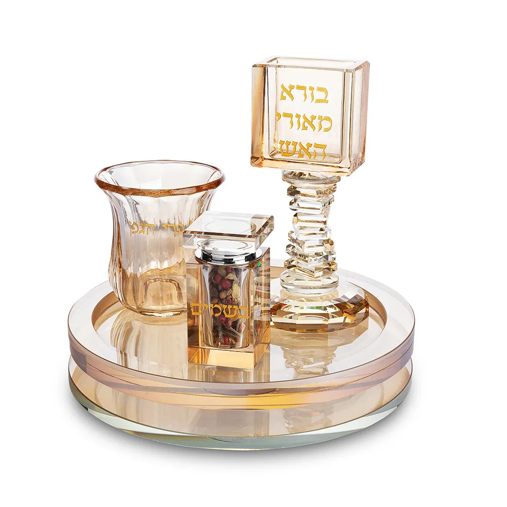 סט הבדלה מהודר מקריסטל זהב עם מגש מסתובב 20 ס"מ — תמונה 1
