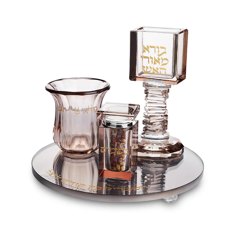 סט הבדלה מהודר מקריסטל רוז גולד עם מגש שחור עגול 20 ס"מ — תמונה 1