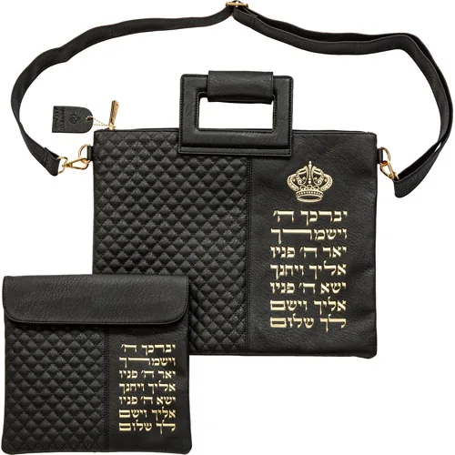 תיק מפואר לטלית דמוי עור שחור אותיות בולטות