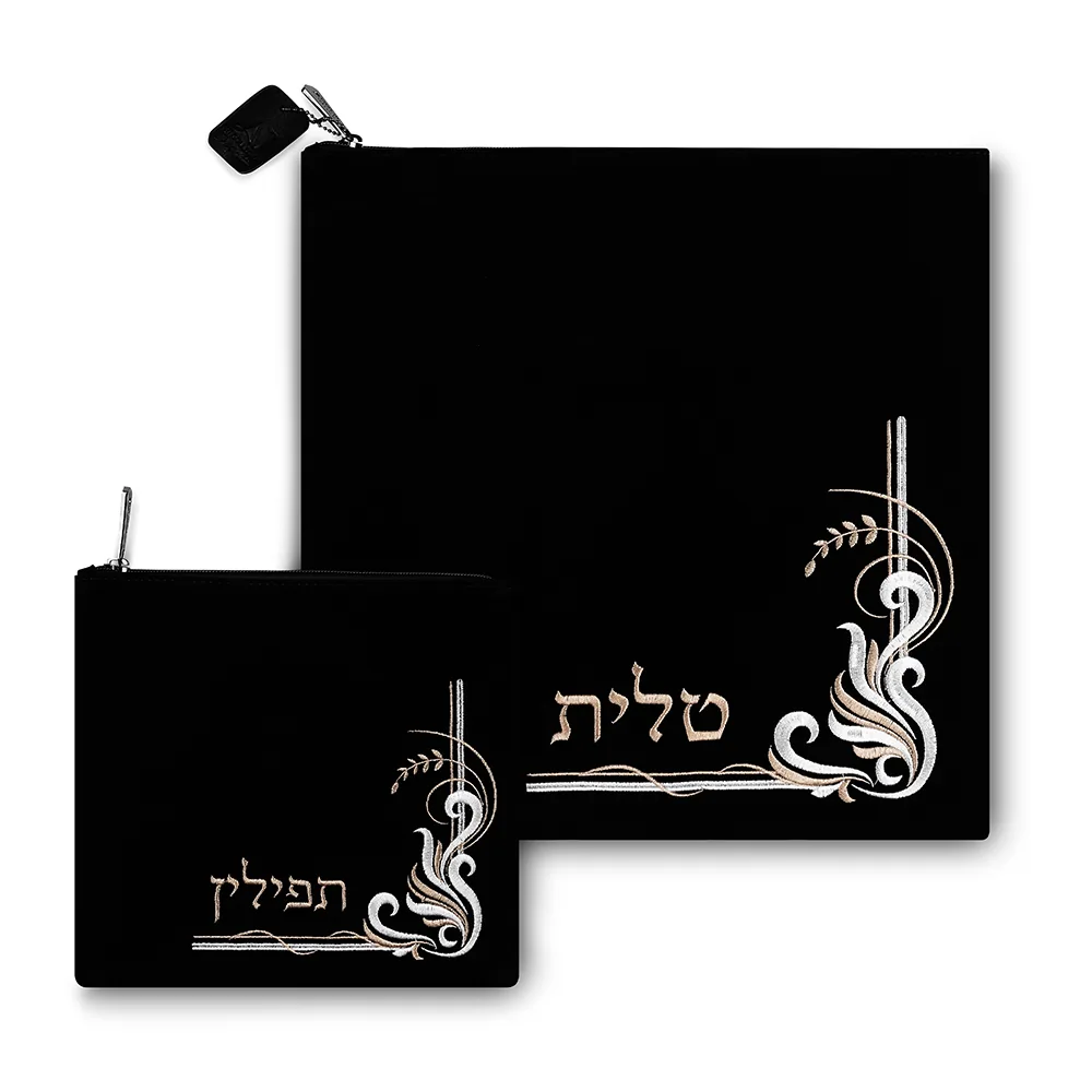 סט טלית תפילין קטיפה כחול כהה עם ריקמה 35.6X35.6 ס"מ