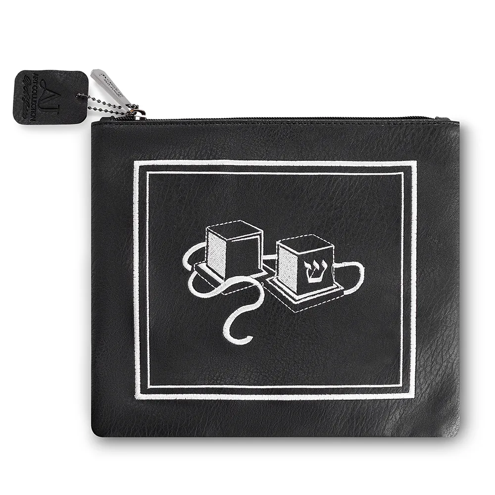תיק תפילין דמוי עור שחור עם ריקמה 21x23 ס"מ