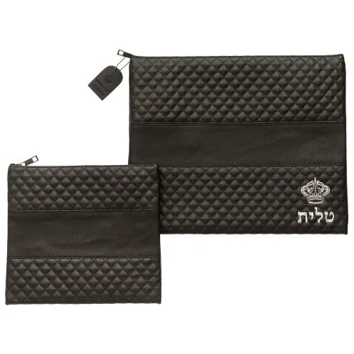 סט טלית תפילין דמוי עור שחור אותיות בולטות "כתר" כסף 36X29 ס"מ