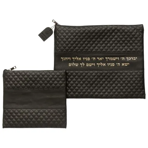 סט טלית תפילין דמוי עור שחור אותיות בולטות "ויברכך" זהב 36X29 ס"מ