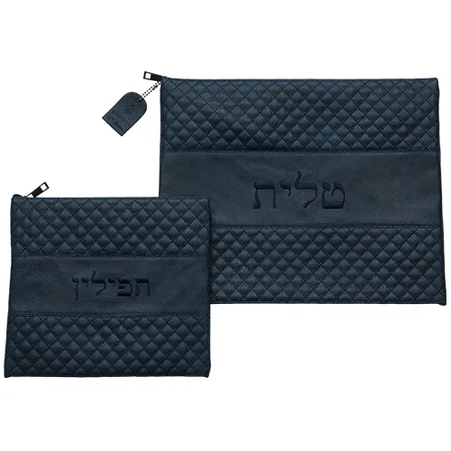 סט טלית תפילין כחול כהה דמוי עור עם ריקמה 36X29 ס"מ