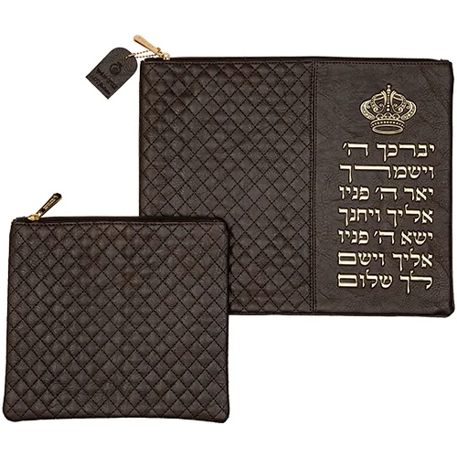 סט טלית תפילין דמוי עור חום כהה אותיות בולטות "יברכך" 29x36 ס"מ