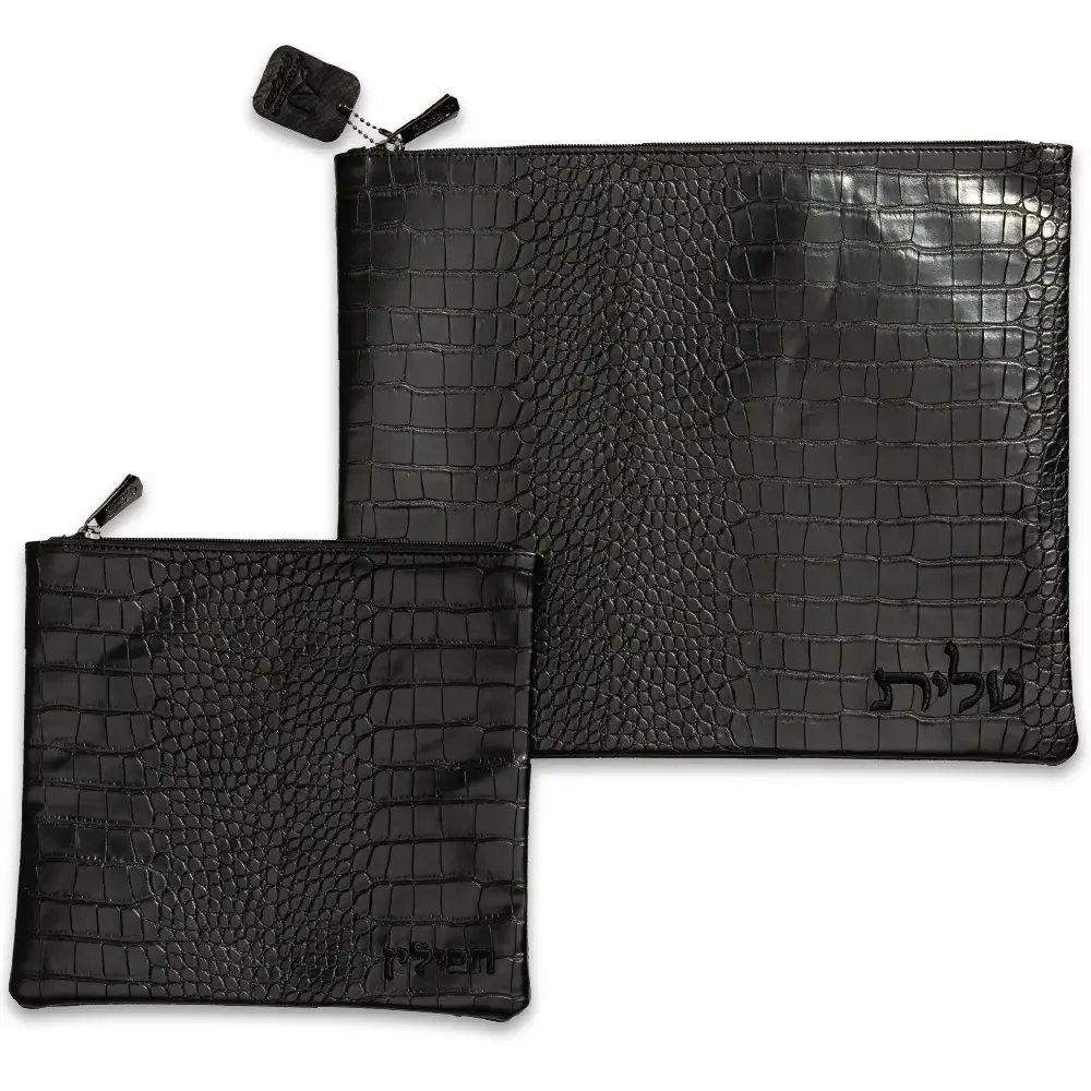 סט טלית תפילין דמוי עור שחור עם ריקמה 39X31 ס"מ