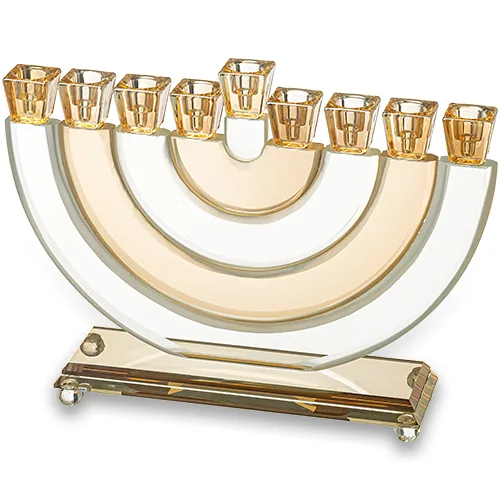 חנוכייה קריסטל גוף פסים חצי עיגול שקוף זהב 21 ס"מ