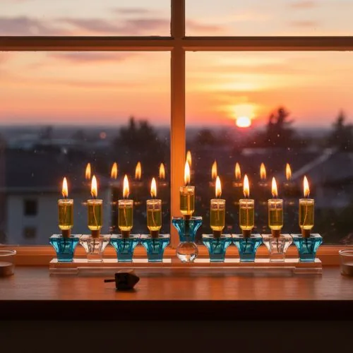 חנוכייה קריסטל מהודרת גווני כחול 38X7 ס"מ — תמונה 2