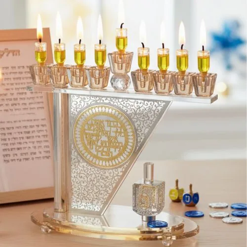 חנוכייה קריסטל מהודרת עם פלקטה ואבנים 27X28 ס"מ — תמונה 2