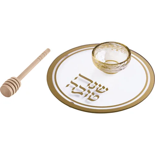 צלחת זכוכית לדבש עם הדפסה זהב 19 ס"מ