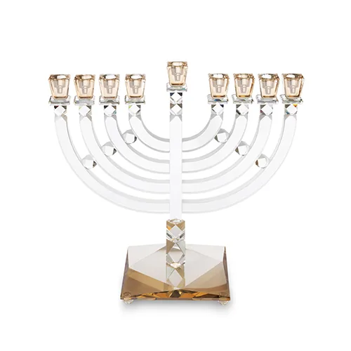 חנוכייה קריסטל שקוף קנים זהב עם בסיס זהב מרובע עם