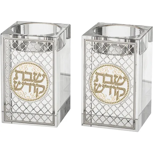 זוג פמוטי קריסטל מרובע עם פלקטה "עיטור" 8 ס"מ - טבעי — תמונה 1