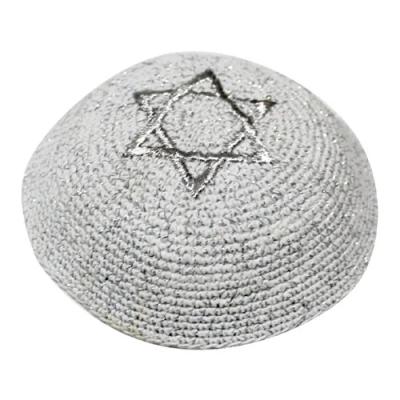 כיפה סרוגה 16 ס"מ נטזים כסף עם רקמה מגן דוד