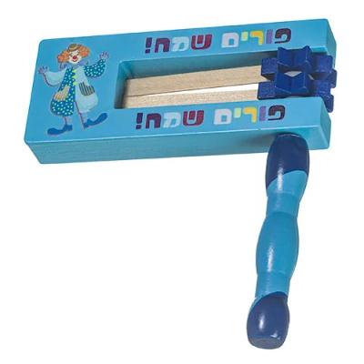 רעשן מעץ רקע כחול, ידית כחולה - עיטור צבעוני "פורי