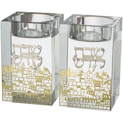 זוג פמוטי קריסטל עם פלקטה "נוף ירושלים" 8 ס"מ