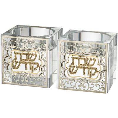 זוג פמוטי קריסטל מרובע עם פלקטה "עיטור" 5 ס"מ