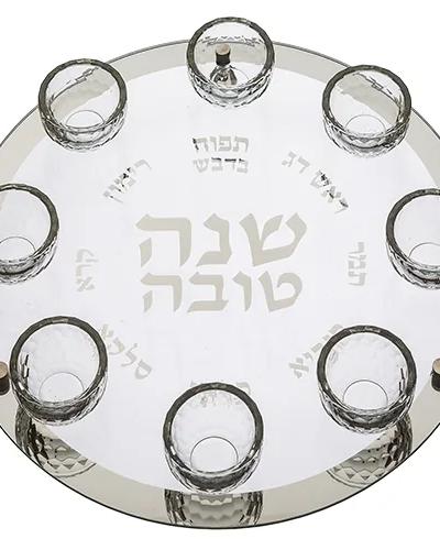 צלחת עגולה מהודרת לראש השנה מזכוכית וקריסטל עם אבנ