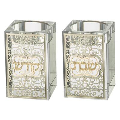 זוג פמוטי קריסטל מרובע עם פלקטה "עיטור" 8 ס"מ
