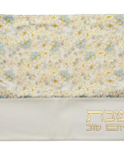 כיסוי חלה מהודר דמוי עור לבן פרחים כחולים 45X55 ס"מ