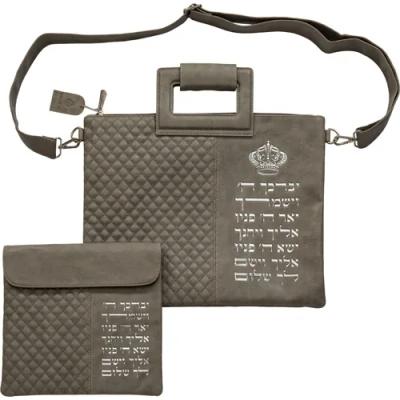 תיק מפואר לטלית דמוי עור אפור אותיות בולטות "יב