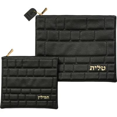 סט טלית תפילין פיו כותל שחור אותיות בולטות זהב