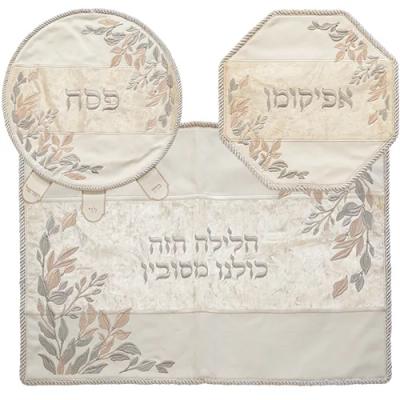 סט פסח 4 חלקים פיו לבן עם רקמה, אבנים וקטיפה עלים