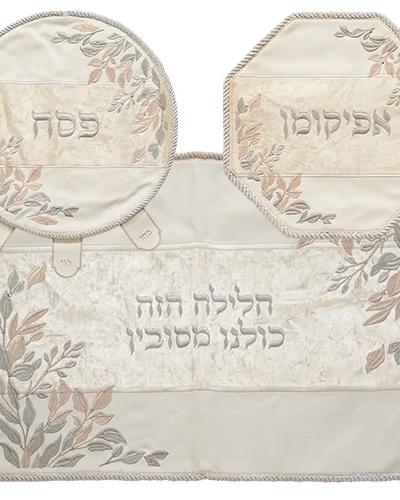 סט פסח 4 חלקים פיו לבן עם רקמה, אבנים וקטיפה עלים