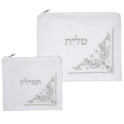 סט טלית תפילין קטיפה לבנה עם ריקמה 36X29 ס"מ