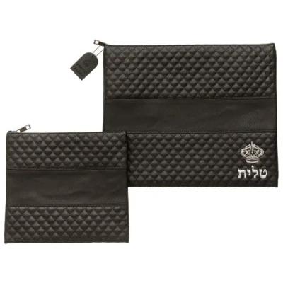 סט טלית תפילין דמוי עור שחור אותיות בולטות "כתר" כסף 36X29 ס"מ