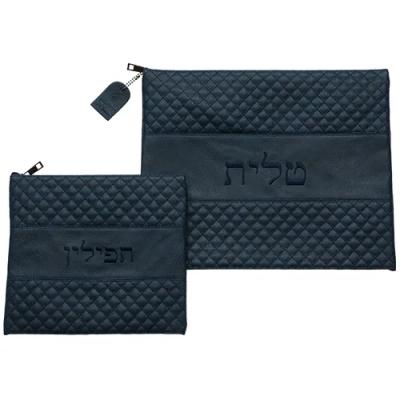 סט טלית תפילין כחול כהה דמוי עור עם ריקמה 36X29 ס"מ