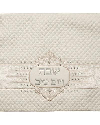 כיסוי חלה מהודר דמוי עור לבן עם הבלטות כסף 45x55 ס