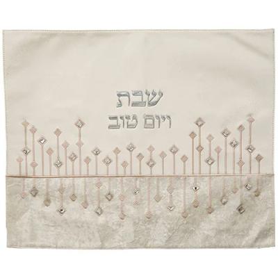 כיסוי חלה מהודר דמוי עור לבן עם הבלטות כסף 45x5