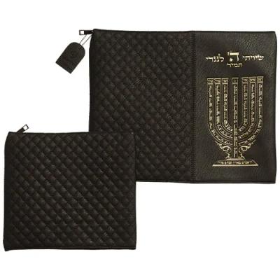 סט טלית תפילין דמוי עור שחור אותיות בולטות "שיויתי" זהב 36X29 ס"מ