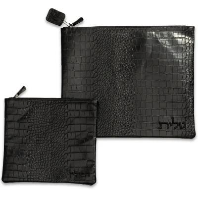 סט טלית תפילין דמוי עור שחור עם ריקמה 39X31 ס"מ