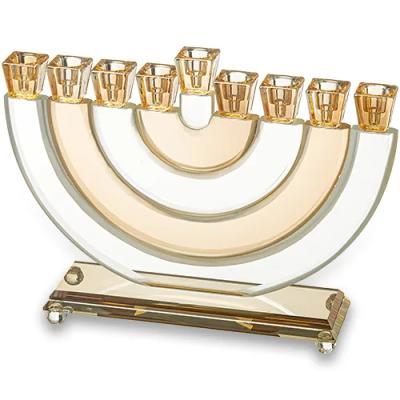 חנוכייה קריסטל גוף פסים חצי עיגול שקוף זהב 21 ס"מ