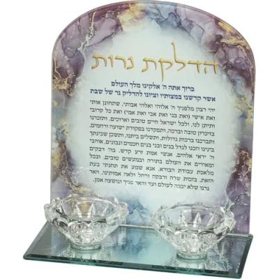 פמוטי זכוכית שיש ורוד עם טקסט זהב 18.5X16.5 ס"מ