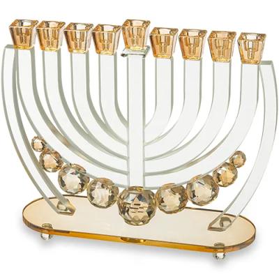 חנוכייה קריסטל עם כדורים זהב 25 ס"מ