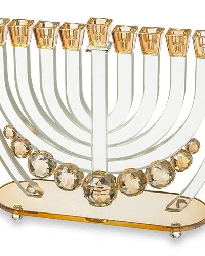 חנוכייה קריסטל עם כדורים זהב 25 ס"מ