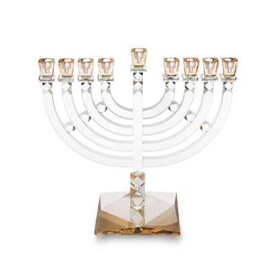חנוכייה קריסטל שקוף קנים זהב עם בסיס זהב מרובע עם