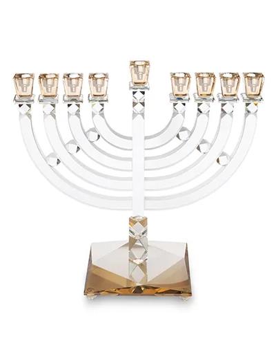 חנוכייה קריסטל שקוף קנים זהב עם בסיס זהב מרובע עם