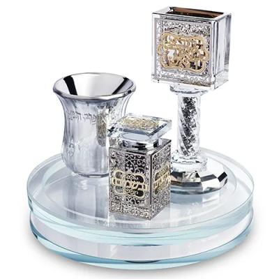 סט הבדלה קריסטל שקוף עם פלקטה מגש מסתובב 20סמ