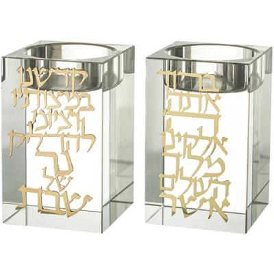 זוג פמוטי קריסטל מרובע עם פלקטה "הדלקת נרות" 8 ס"מ - שחור