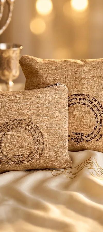 כיסוי טלית ותפילין גוון קמל עם מעגל פסוקים - לייזר בלבד