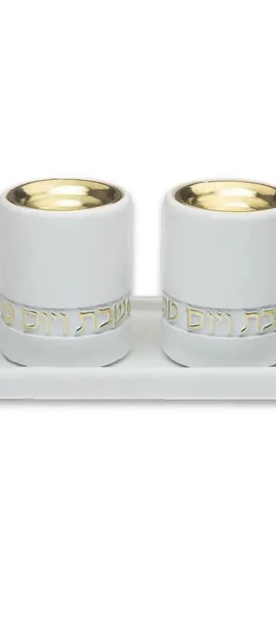 סט פולימר מגש להדלקת נרות וזוג פמוטים מהודרים - זהב