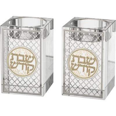 זוג פמוטי קריסטל מרובע עם פלקטה "עיטור" 8 ס"מ - טבעי
