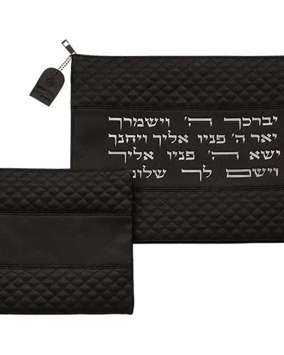 סט טלית ותפילין מעור מלאכותי 38*31 ס"מ - שחור עם אותיות מוטבעות