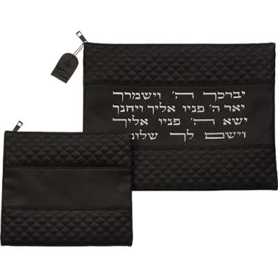 סט טלית ותפילין מעור מלאכותי 38*31 ס"מ - שחור עם אותיות מוטבעות